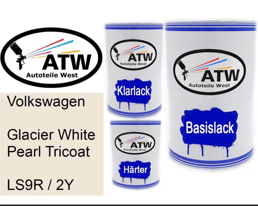 Volkswagen, Glacier White Pearl Tricoat, LS9R / 2Y: 500ml Lackdose + 500ml Klarlack + 250ml Härter - Set, von ATW Autoteile West.